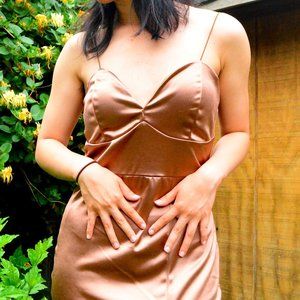 Brown Stretch Satin Slip Dress